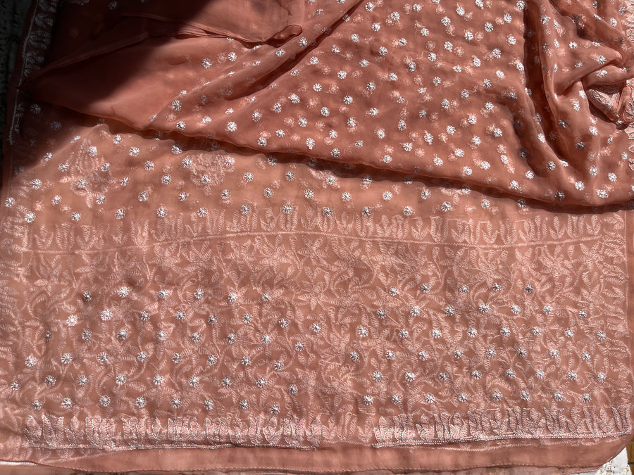 Dusty Rose Chiffon Chikankari Saree | Lucknowi