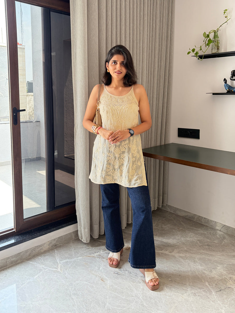Blush Pink Noodle Strap Viscose Chikankari Short Kurti | Lucknowi