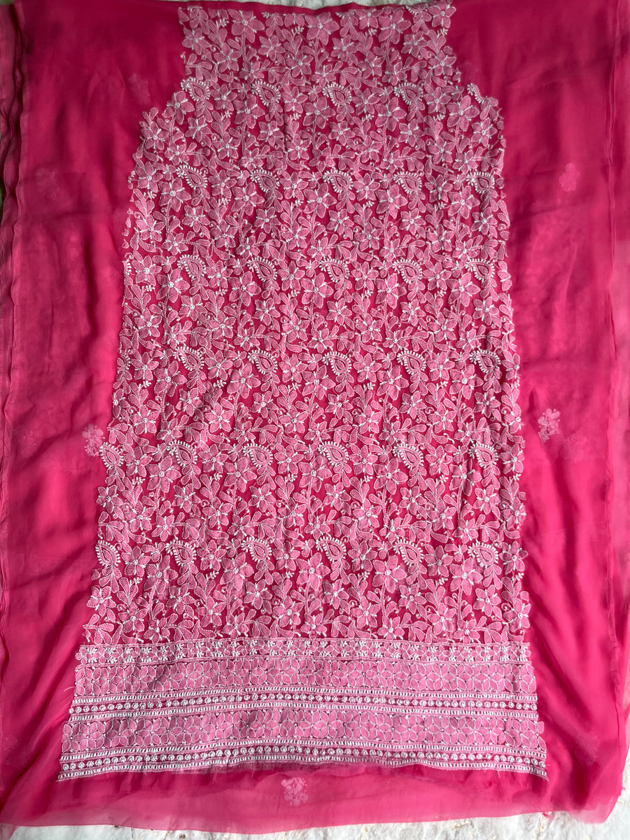 Hot Pink Chiffon Chikankari Unstitched Suitpiece