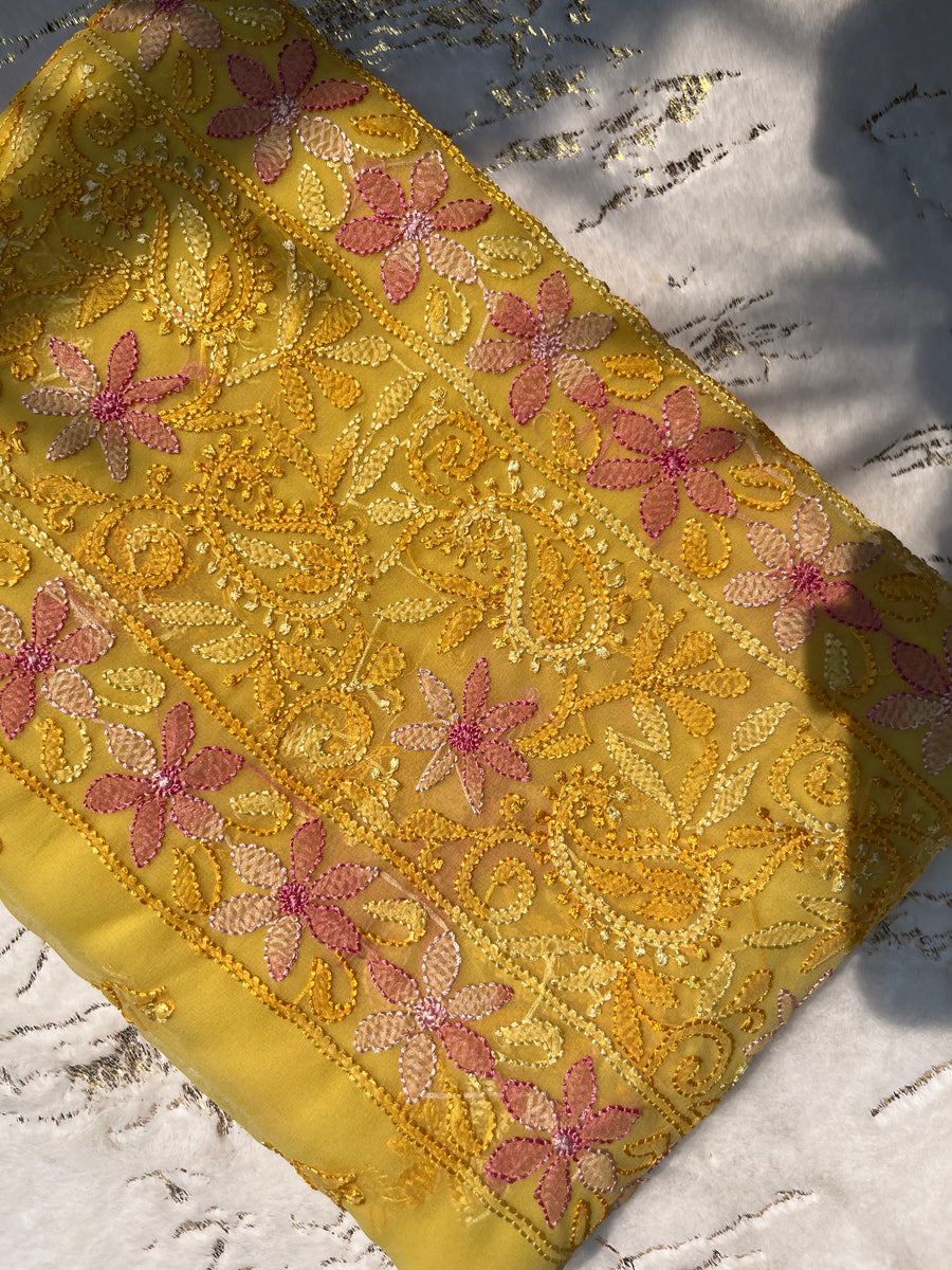 Yellow Resham Chiffon Chikankari Saree
