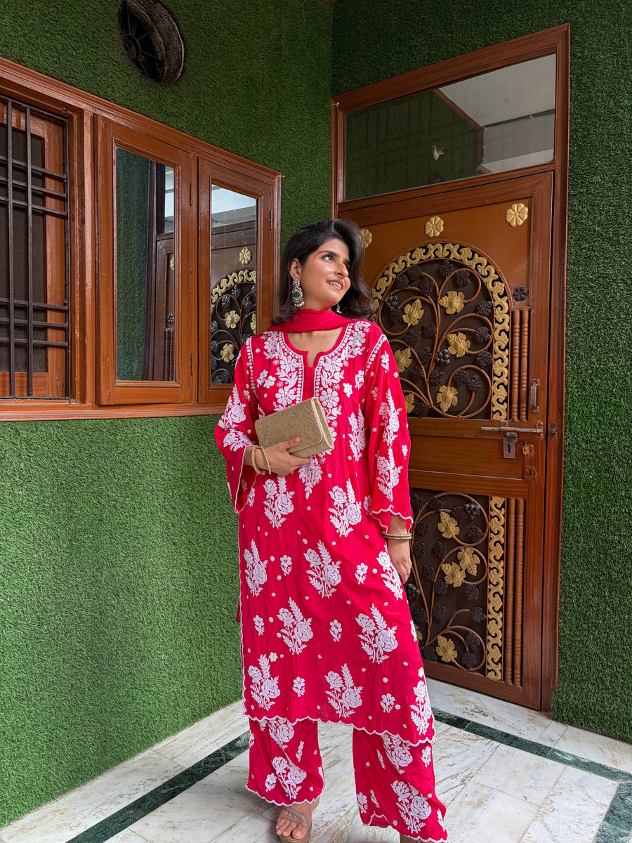 Deep Rani Pink Chikankari Kurta Palazzo Dupatta Set | Lucknowi