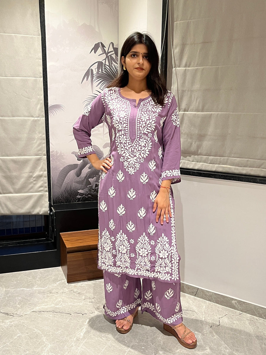Women’s Modal Chikankari Kurta & Palazzo Suit Set