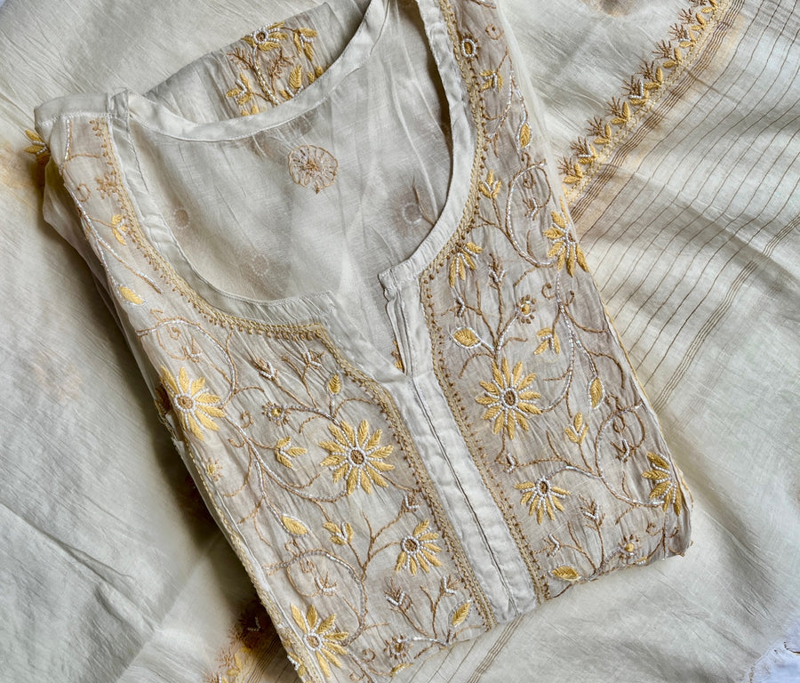 Ivory Mul Chanderi Chikankari Semi-Stitched A line Kurta Dupatta | Lucknowi