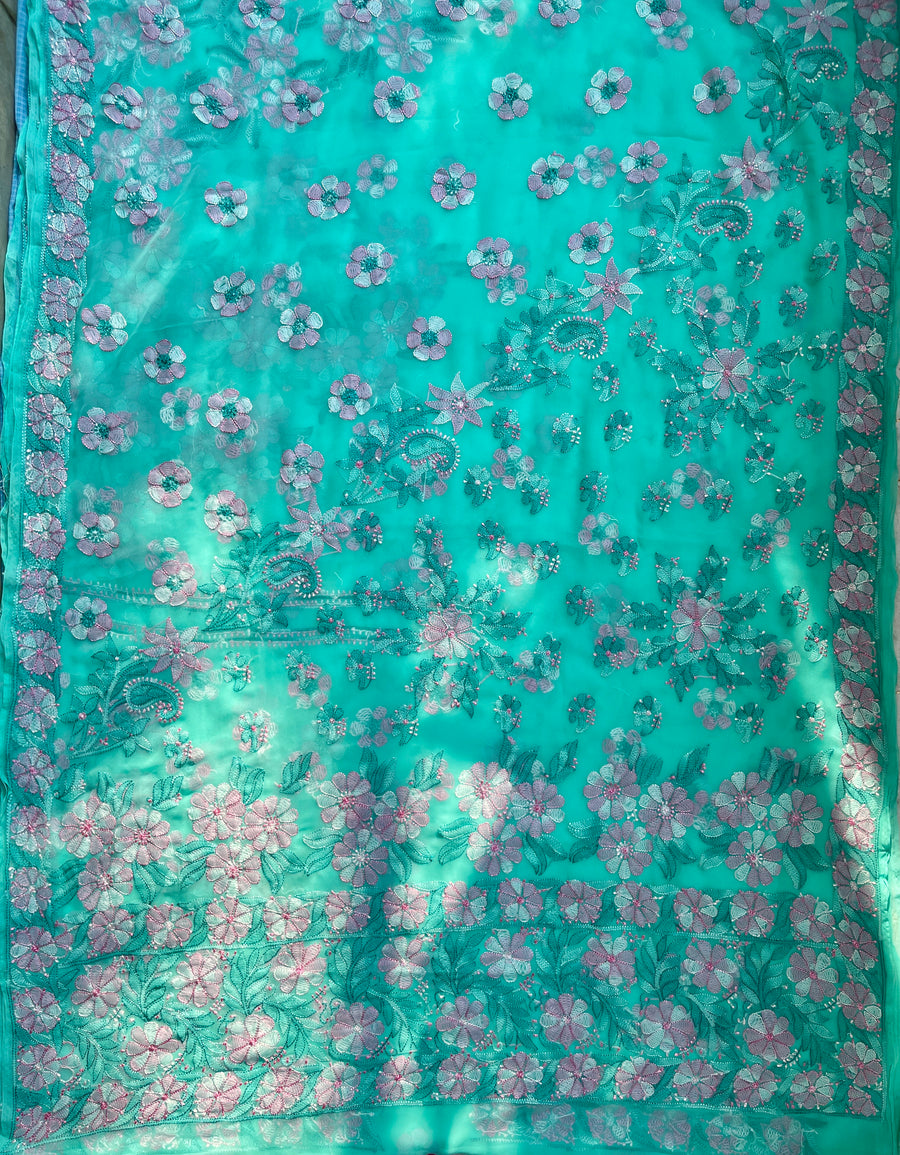 Turquoise Blue Pure Chiffon Chikankari Resham Saree