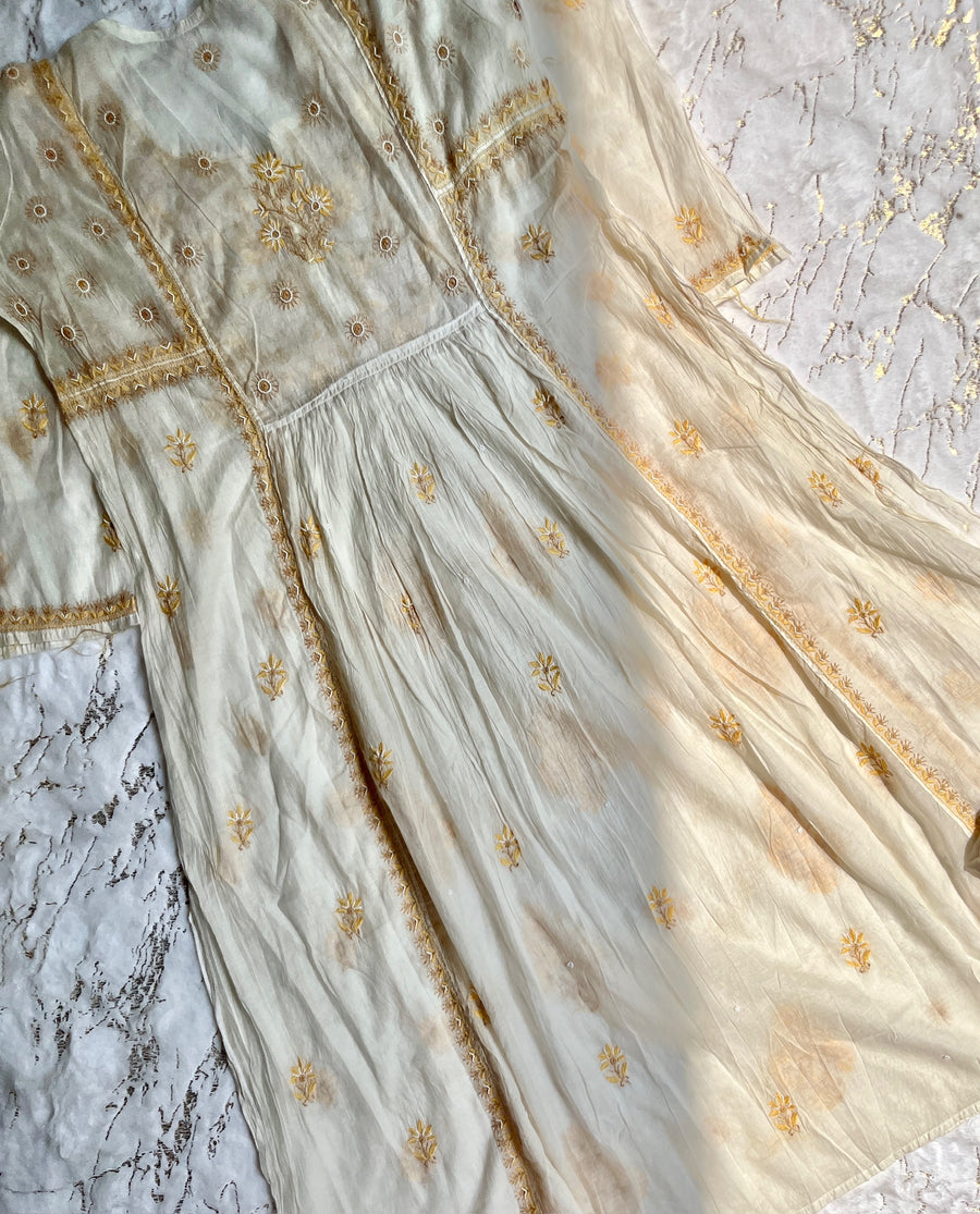 Ivory Mul Chanderi Chikankari Semi-Stitched A line Kurta Dupatta | Lucknowi