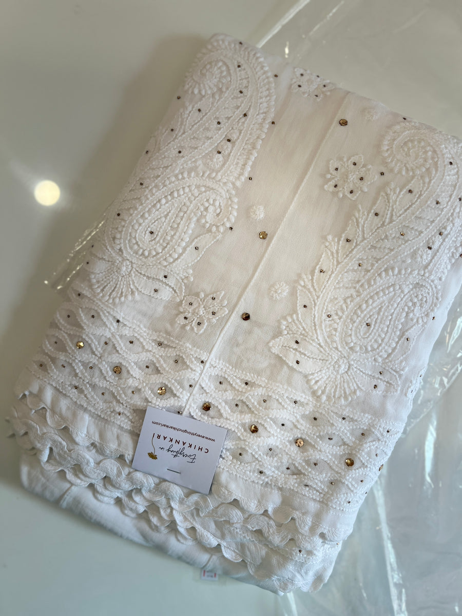 Classic White Viscose Mukaish Kalidar Chikankai Palazzo