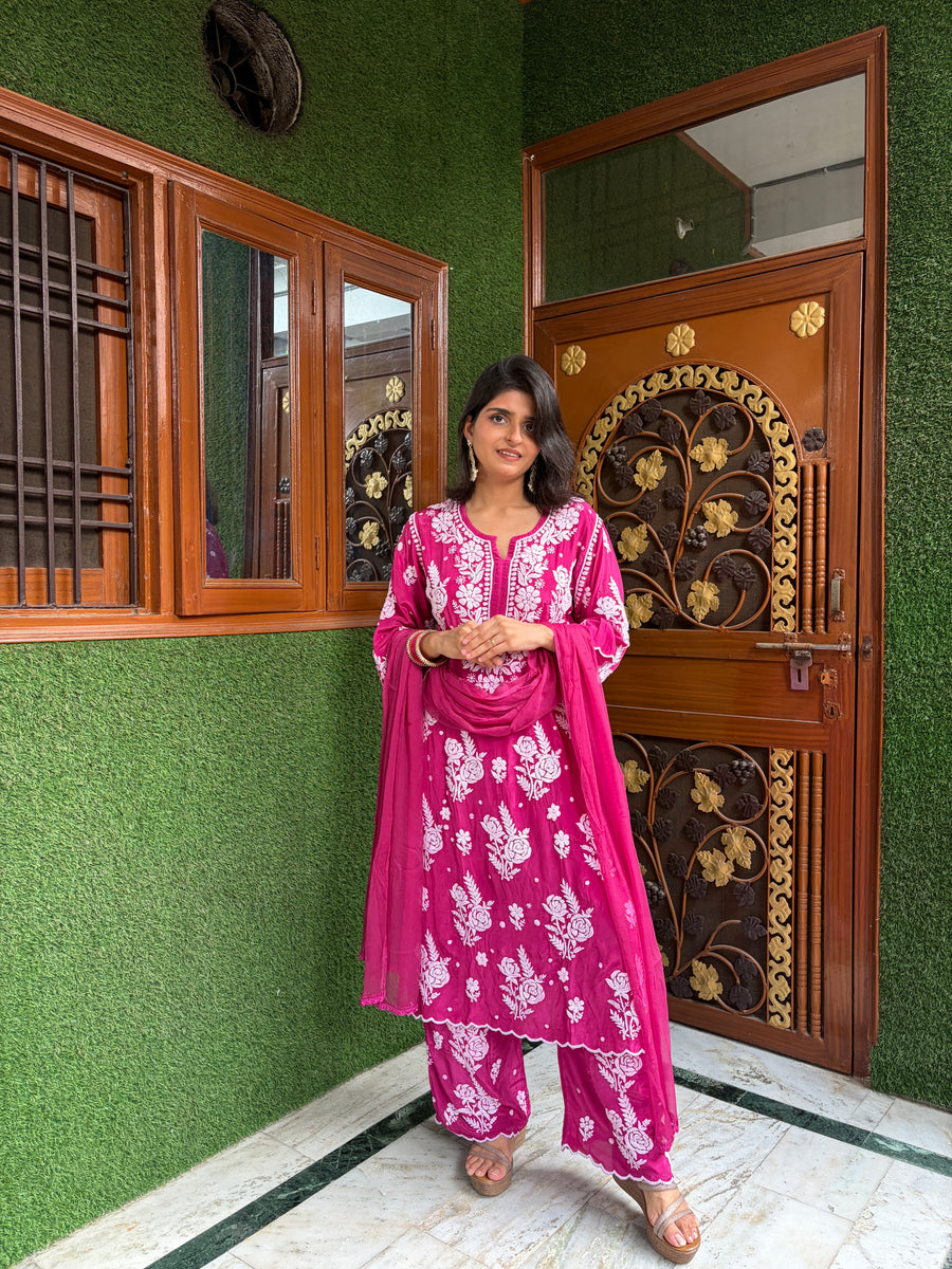 Deep Rani Pink Chikankari Kurta Palazzo Dupatta Set | Lucknowi