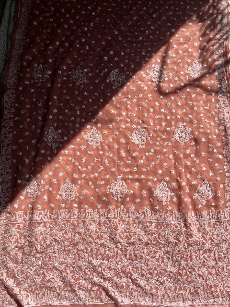 Dusty Rose Chiffon Chikankari Saree | Lucknowi