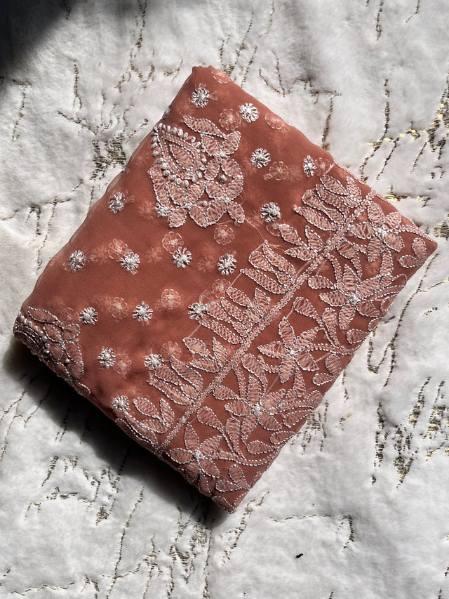 Dusty Rose Chiffon Chikankari Saree | Lucknowi