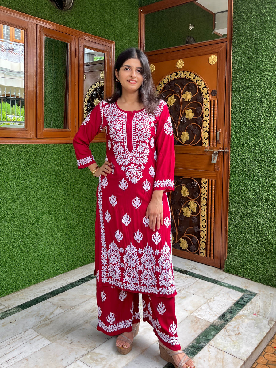 Women’s Modal Chikankari Kurta & Palazzo Suit Set