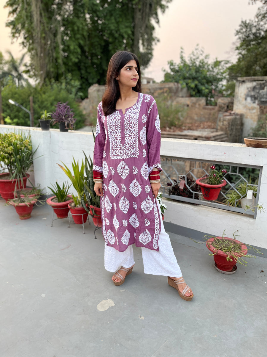 White Rayon Chikankari Machine Embroidered Palazzo