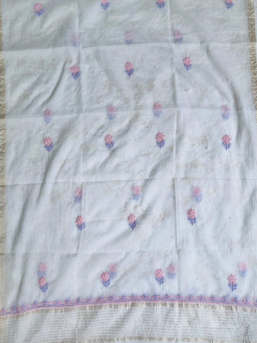 Ivory Mul Chanderi Chikankari Unstitched Kurta Dupatta | Lucknowi