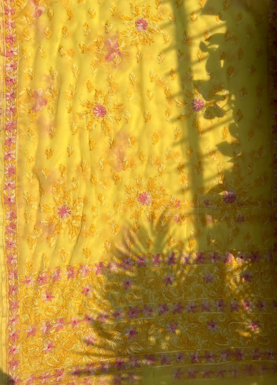 Yellow Resham Chiffon Chikankari Saree