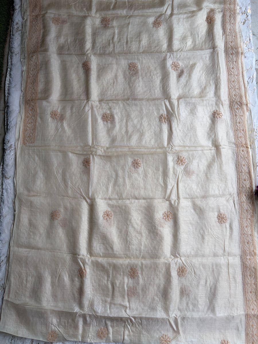 Beige Tussar Silk Lakhnavi Chikankari Saree for Women