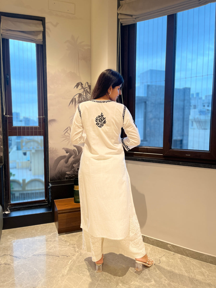Supersoft Black Thread Chikankari Cotton White Straight Kurta