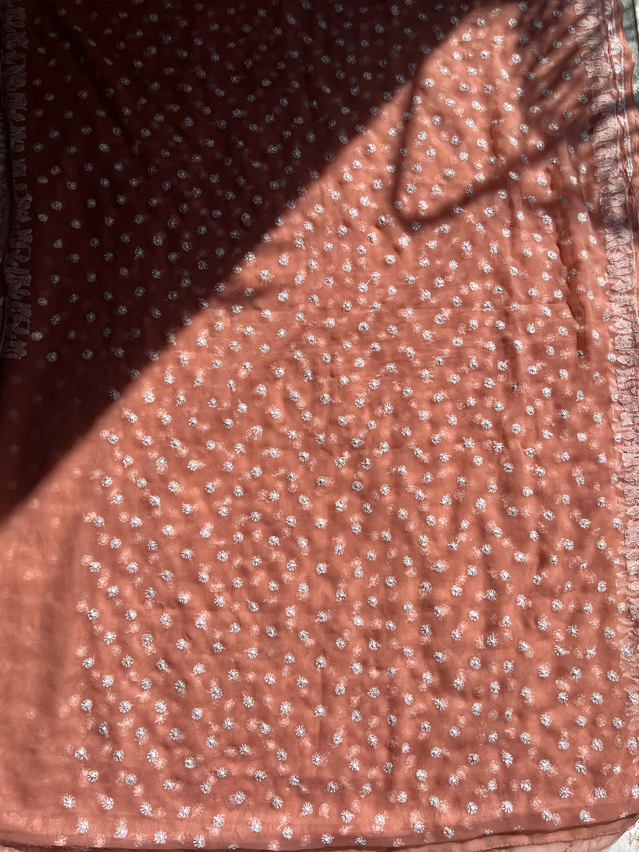 Dusty Rose Chiffon Chikankari Saree | Lucknowi