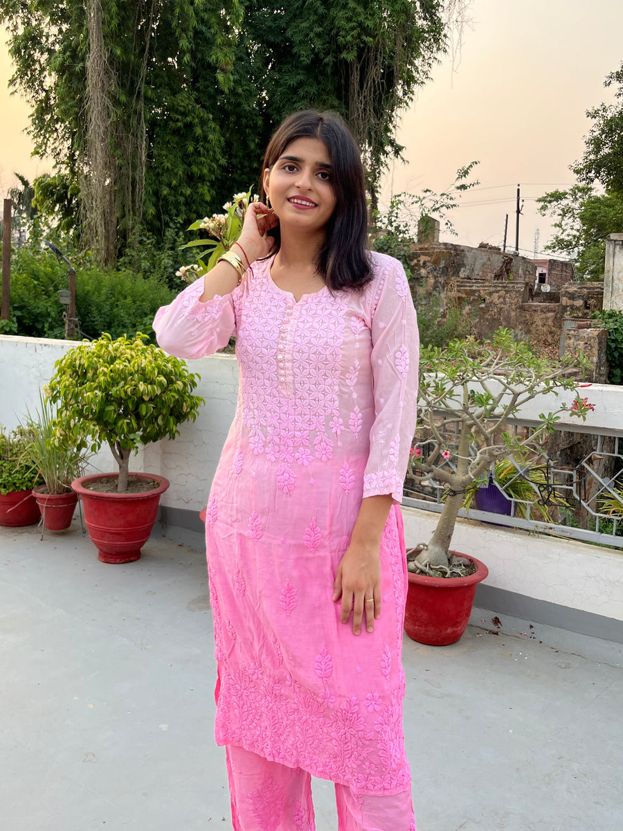 Women’s Ombre Muslin Chikankari Straight Long Kurta & Palazzo Set – Hand-Embroid