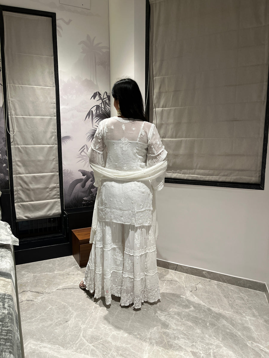 White Viscose Mukaish✨ Chikankari 3 piece Short Kurti Sharara and Dupatta Set