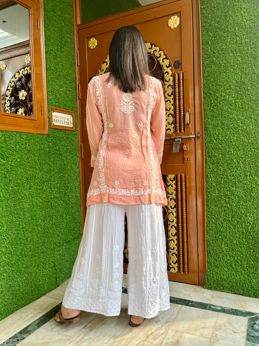 White Kalidar Rayon Chikankari Palazzo