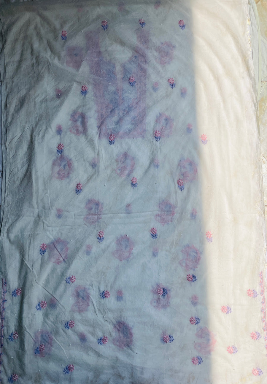 Ivory Mul Chanderi Chikankari Unstitched Kurta Dupatta | Lucknowi