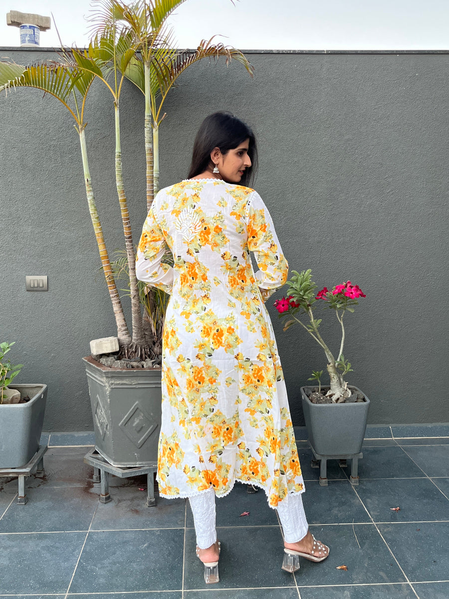 Women’s Mulmul Chikankari Angarkha Long Kurti – Hand-Embroidered Lucknowi Work