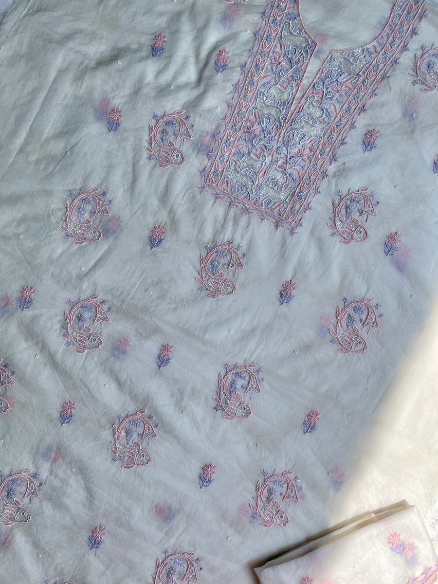 Ivory Mul Chanderi Chikankari Unstitched Kurta Dupatta | Lucknowi