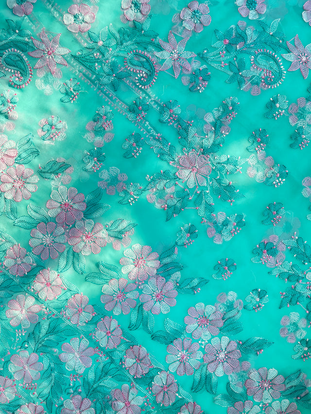 Turquoise Blue Pure Chiffon Chikankari Resham Saree