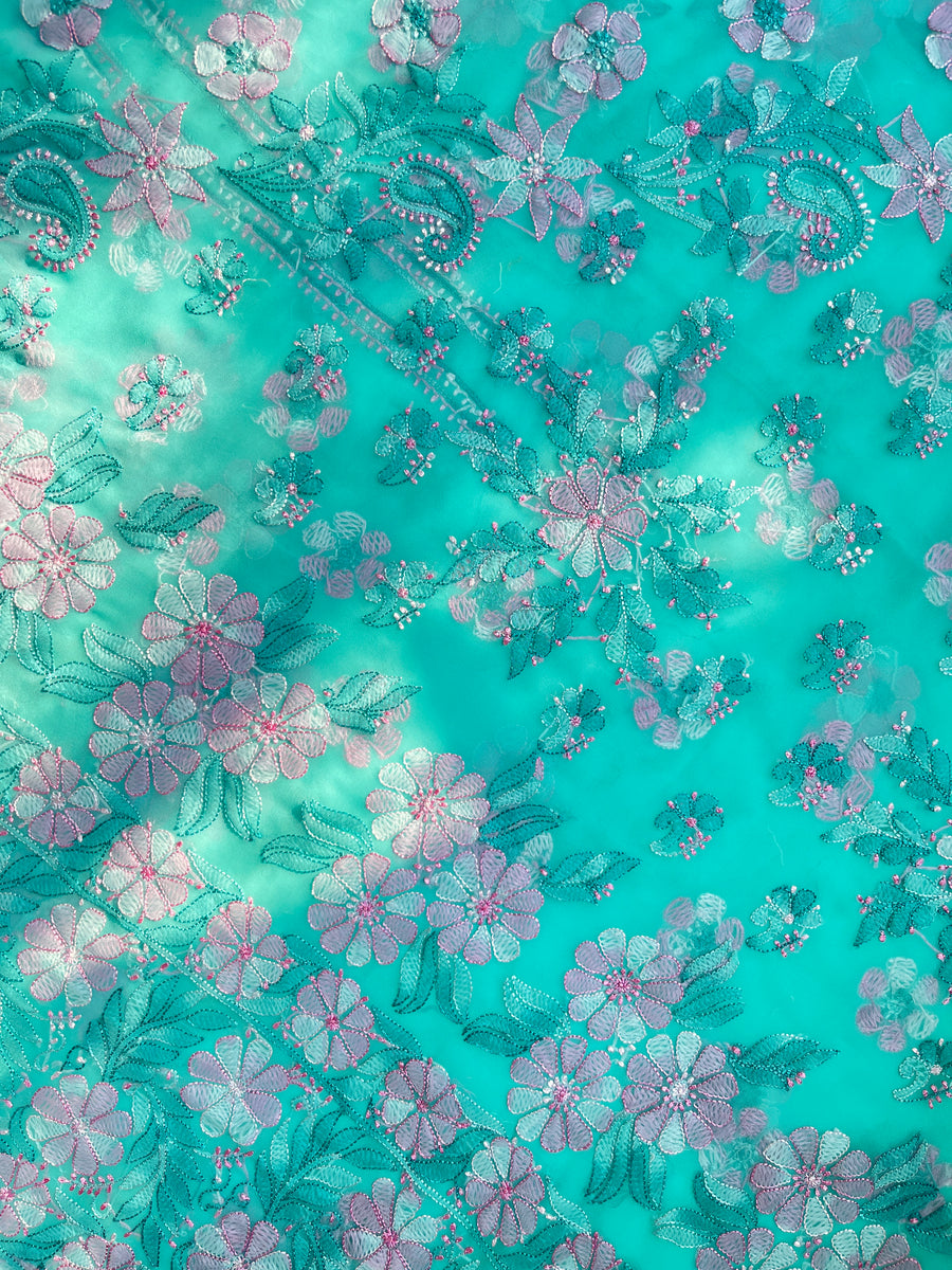 Turquoise Blue Pure Chiffon Chikankari Resham Saree