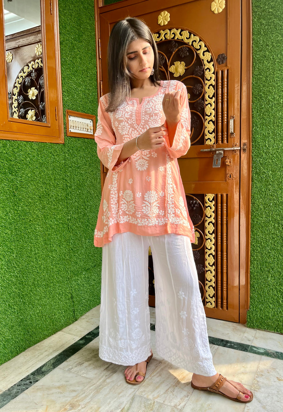 White Kalidar Rayon Chikankari Palazzo