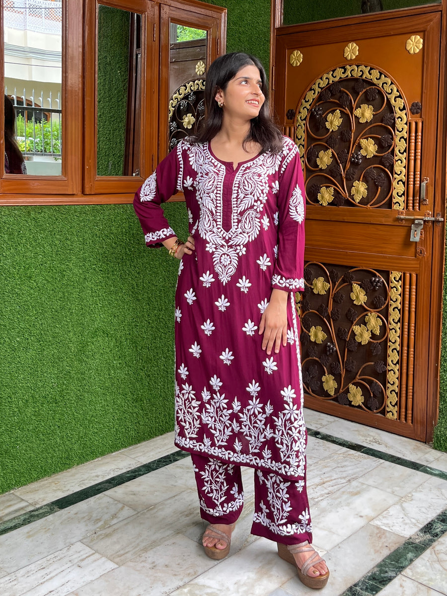 Women’s Modal Chikankari Straight Long Kurti & Palazzo Set – Hand-Embroidered