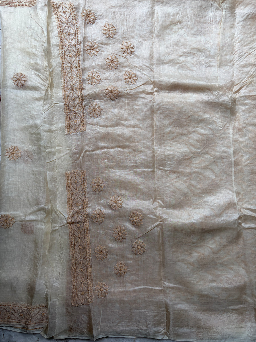 Beige Tussar Silk Lakhnavi Chikankari Saree for Women