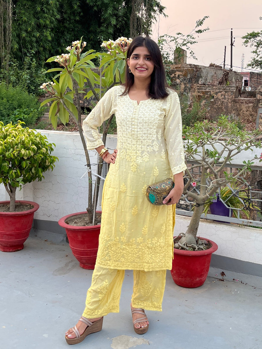 Women’s Ombre Muslin Chikankari Straight Long Kurta & Palazzo Set – Hand-Embroid