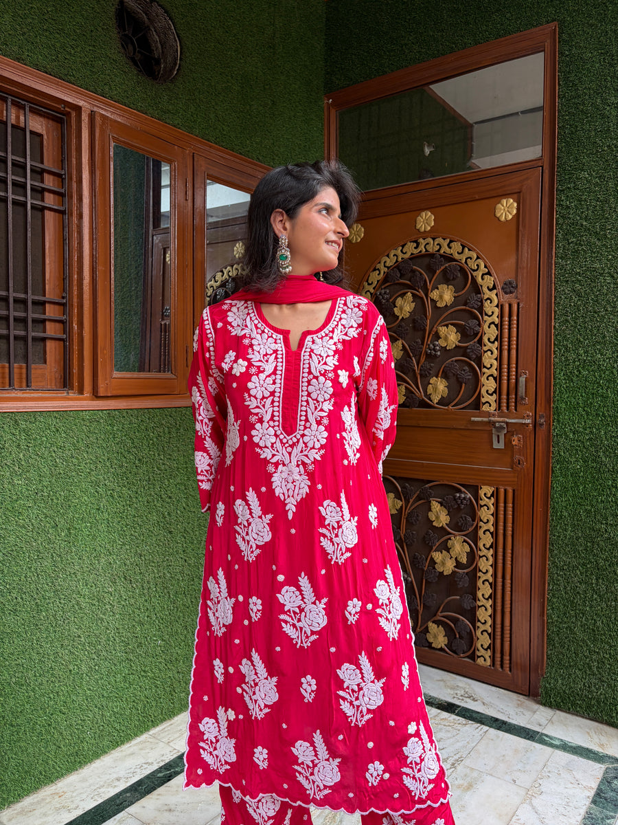 Deep Rani Pink Chikankari Kurta Palazzo Dupatta Set | Lucknowi