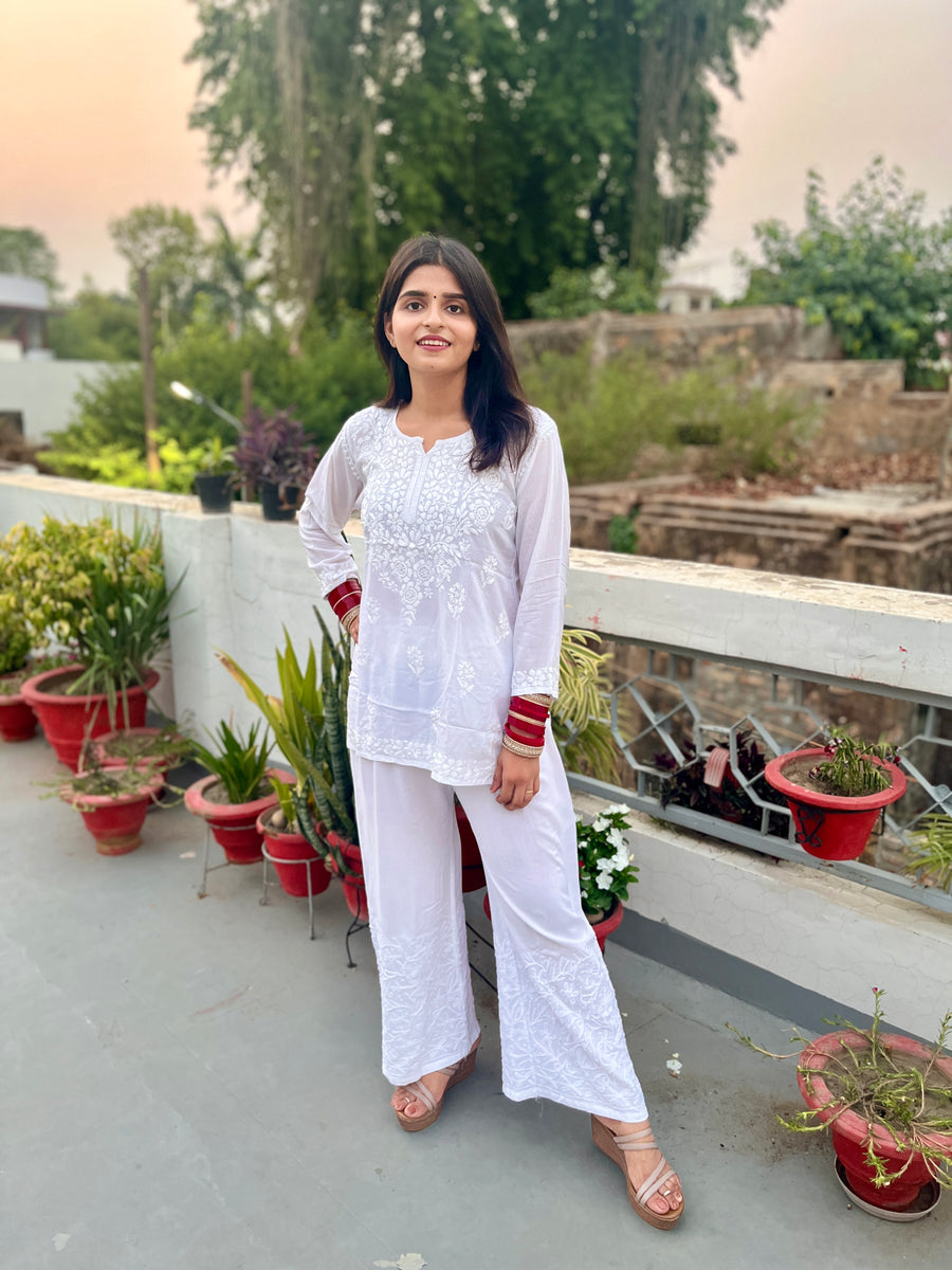 White Rayon Chikankari Machine Embroidered Palazzo