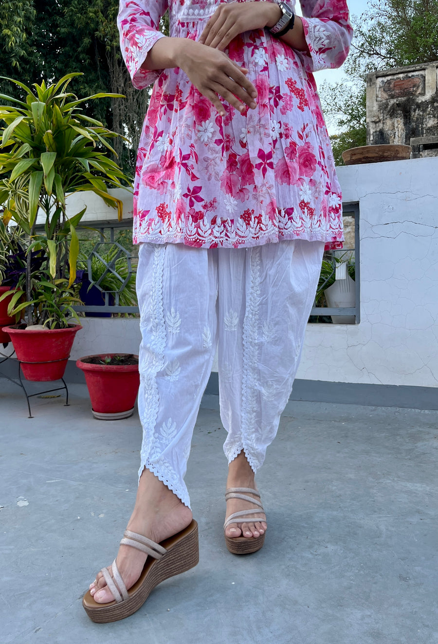 White Cotton Chikankari Dhoti Pants