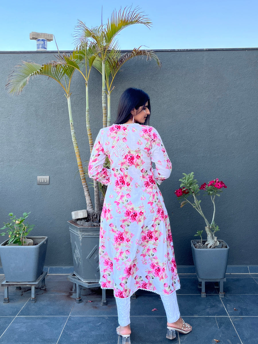Women’s Mulmul Chikankari Angarkha Long Kurti – Hand-Embroidered Lucknowi Work