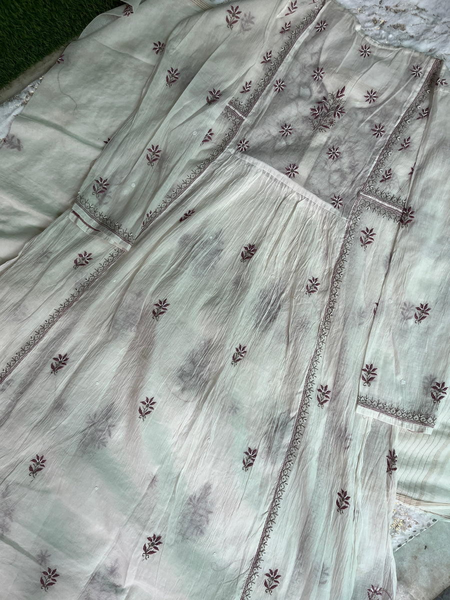 Ivory Mul Chanderi Chikankari Semi-Stitched A line Kurta Dupatta | Lucknowi