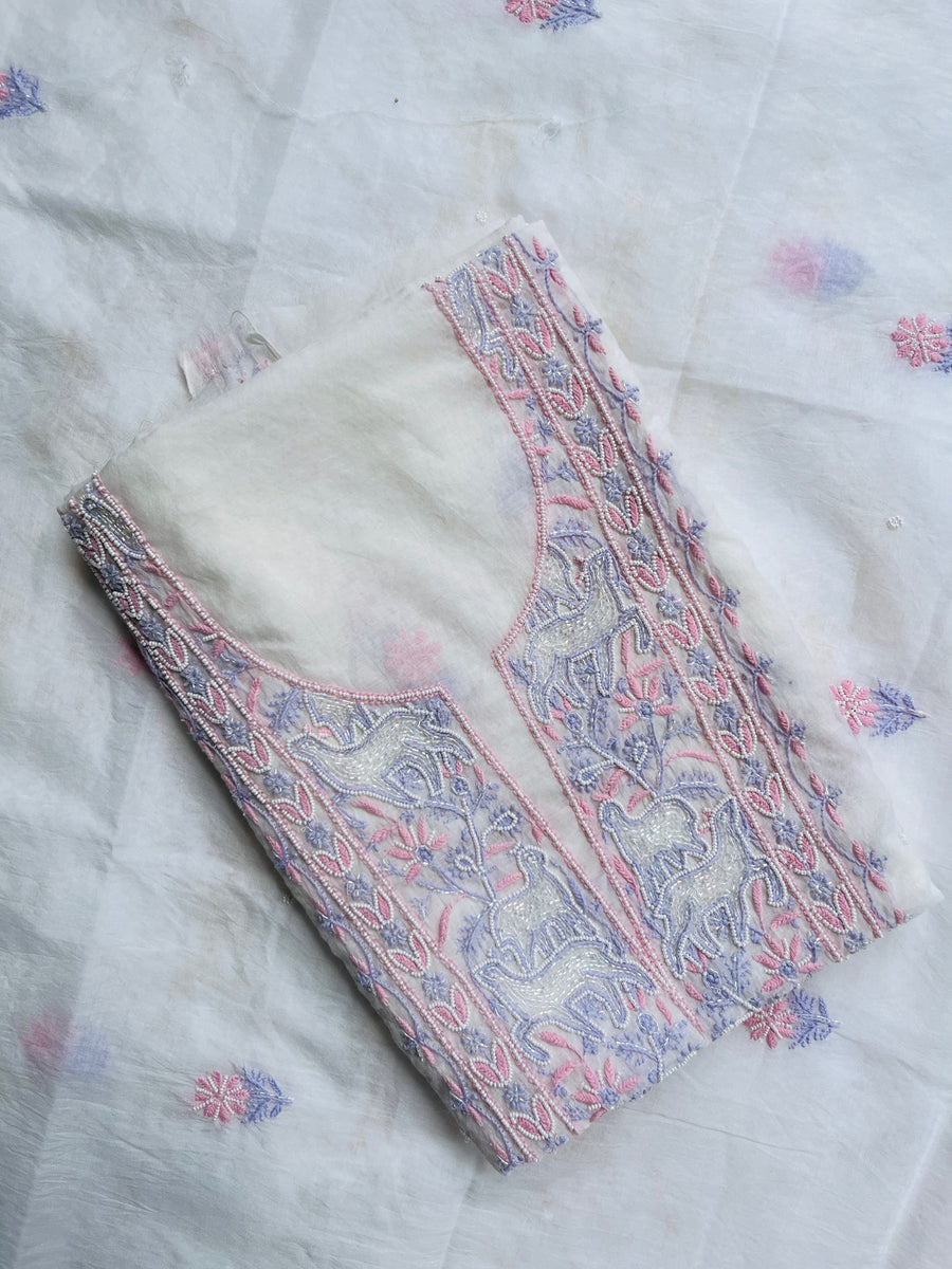 Ivory Mul Chanderi Chikankari Unstitched Kurta Dupatta | Lucknowi