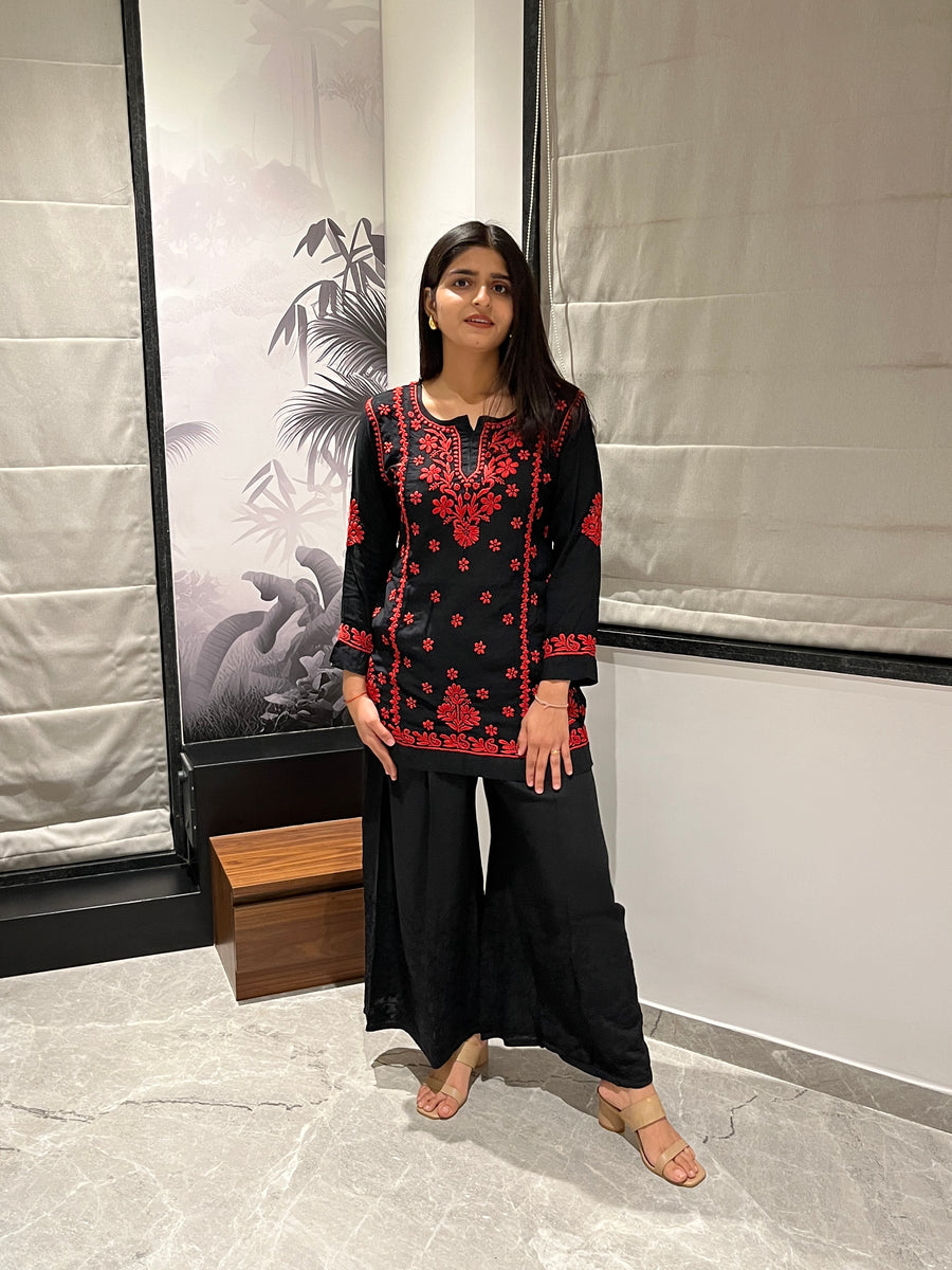 White A-line Modal Chikankari Short Kurti