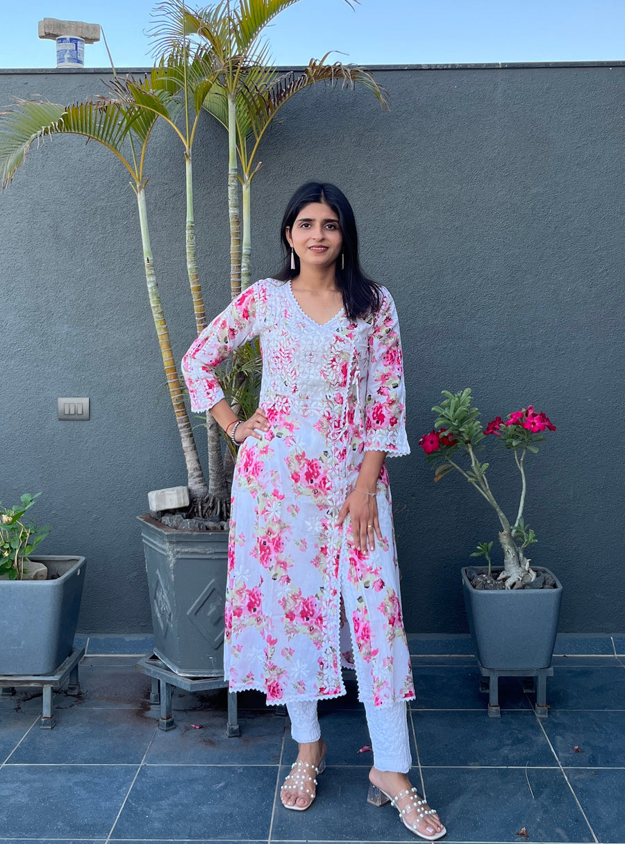 Women’s Mulmul Chikankari Angarkha Long Kurti – Hand-Embroidered Lucknowi Work