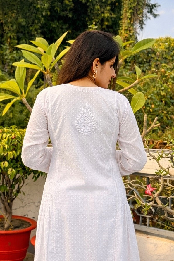 White Cotton Dobby A-Line Chikankari Kurta | Lucknowi – photo 4