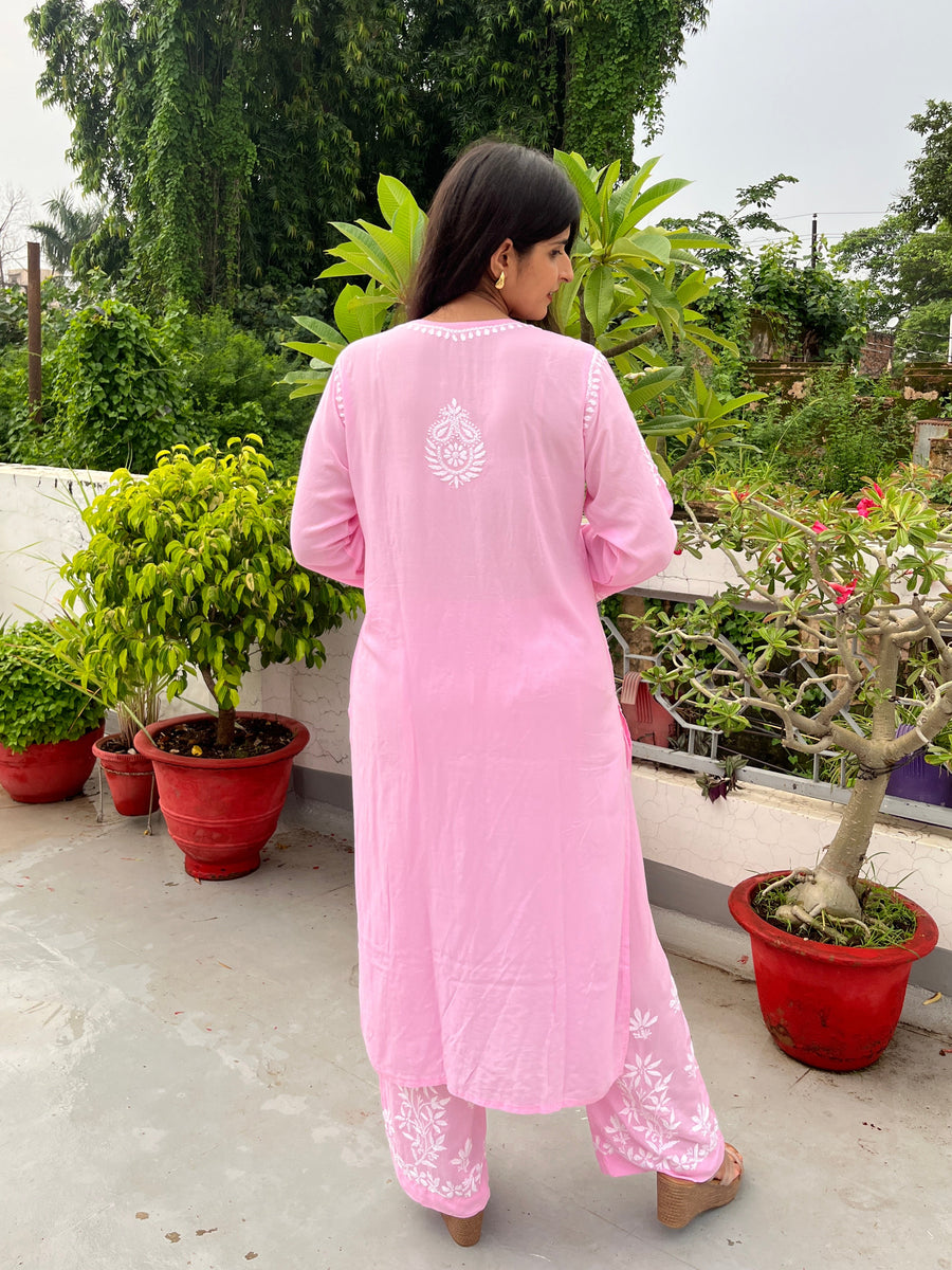 Onion Pink Modal Chikankari Kurta Palazzo Set | Lucknowi – photo 11
