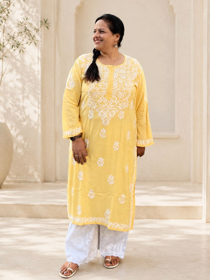Yellow Rayon Chikankari Kurta Plus Size 4XL-7XL | Lucknowi – photo 4