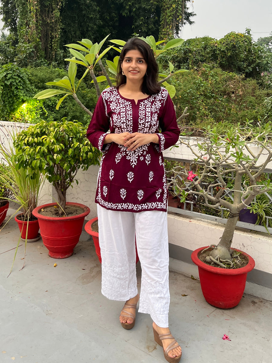 White Rayon Chikankari Narrow Palazzo | Lucknowi