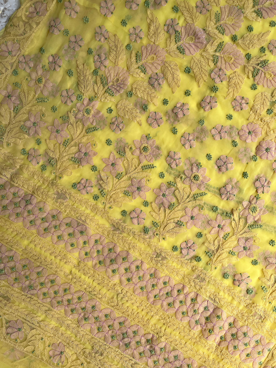 Yellow Pure Chiffon Chikankari Saree