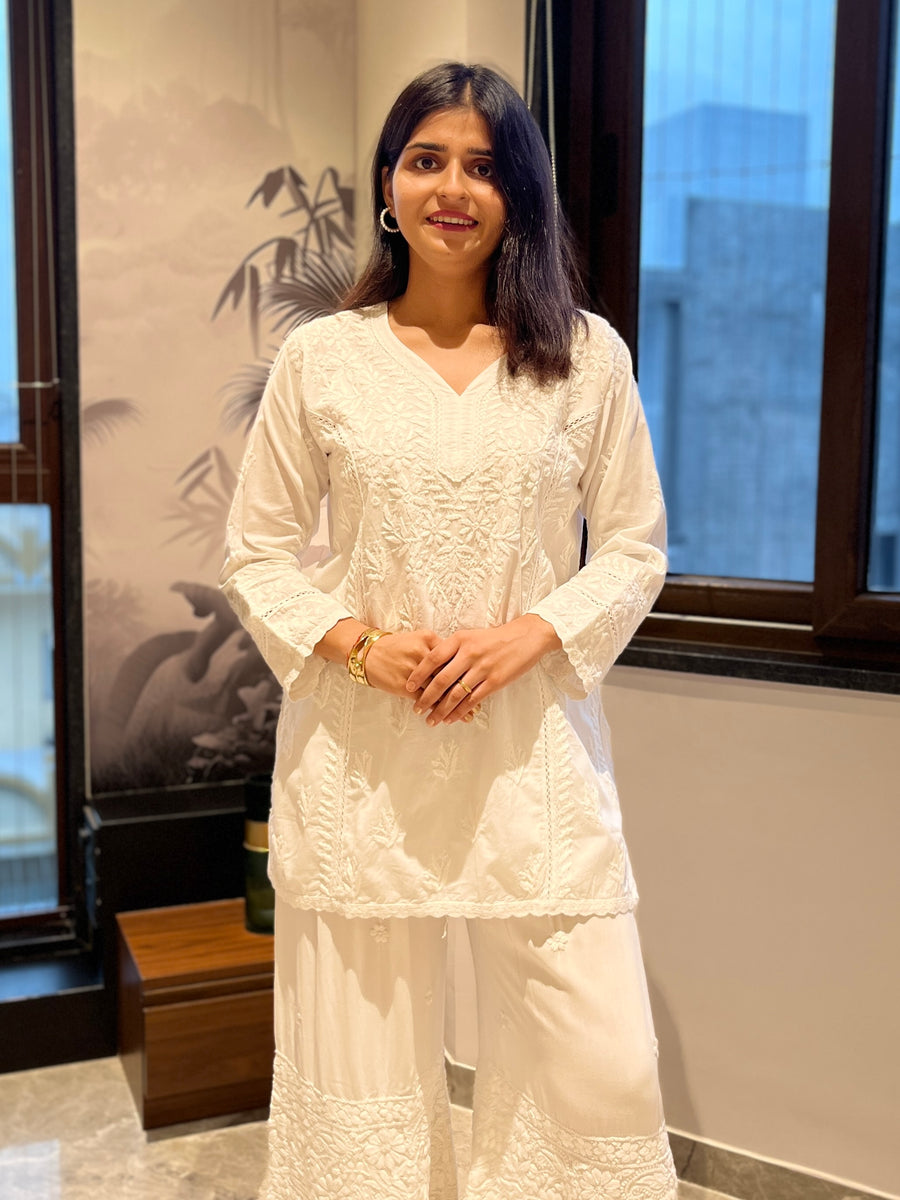 White Cotton Lace Chikankari Kurti | Lucknowi – photo 2