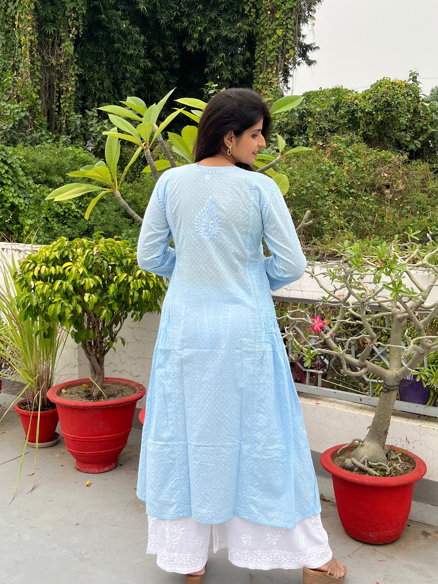 Pastel Blue Cotton Dobby Chikankari Kurta for Women – photo 2