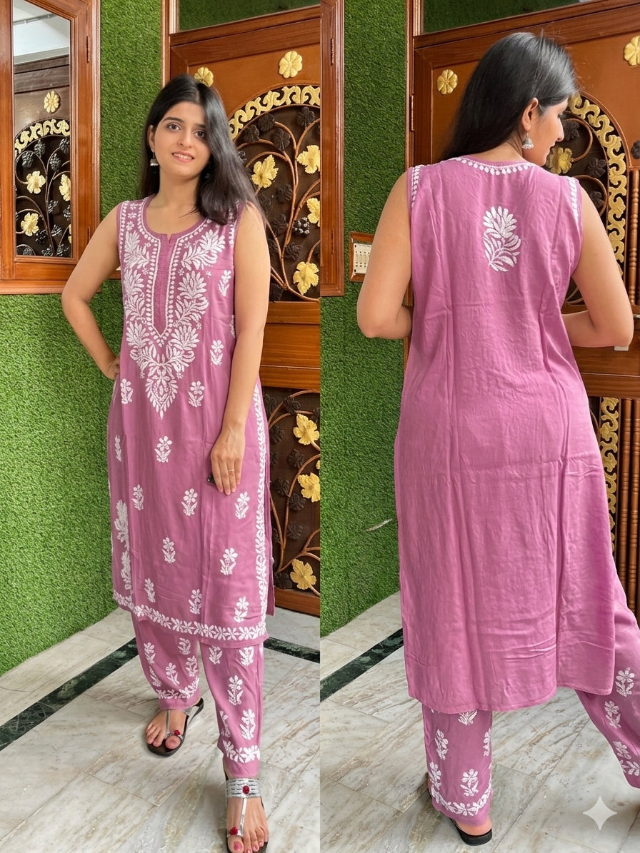 Powder Blue Sleeveless Rayon Chikankari Kurta Pant Set | Lucknow – photo 6