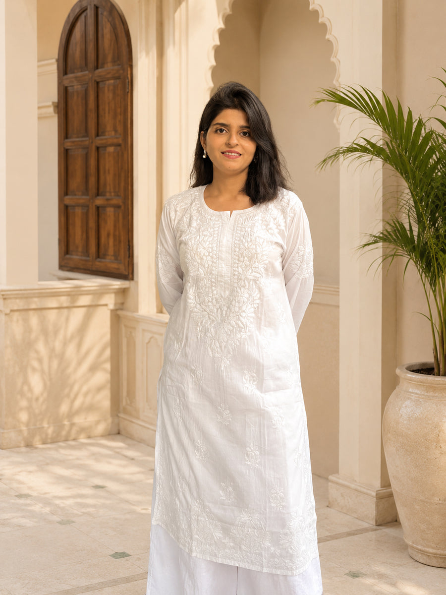 White Mulmul Chikankari Straight Kurta | Lucknowi – photo 2