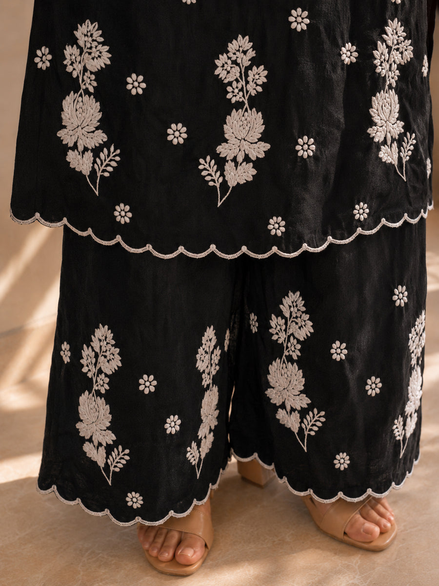 Black Modal Chikankari V-Neck Kurta Palazzo Set – photo 5